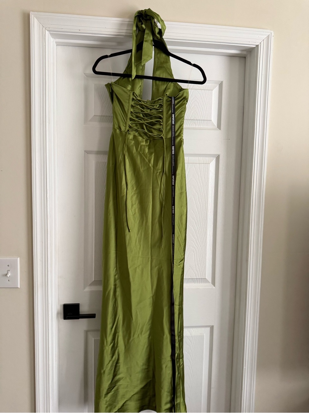 Satin Olive Halter Maxi Dress with Plunging V-Neck - Picture 8 of 8